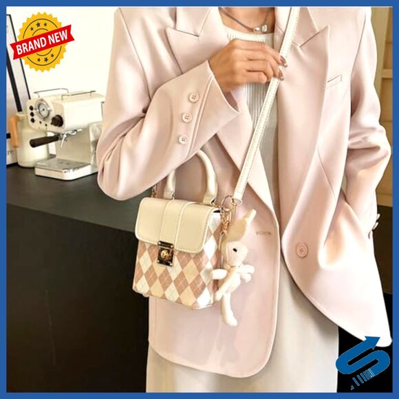 Quilted Faux Leather Satchel Shoulder Bag with Bunny Pendant Crossbody - Picture 3 of 7